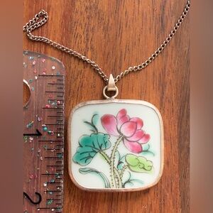 Floral Pendant Necklace Ceramic Silver Tone Pendant Flower